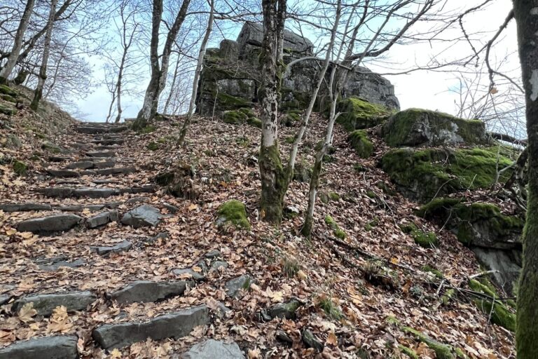 Steiniger Weg mit Stufen hinauf zur Milseburg, oben die Felsen des Gipfels