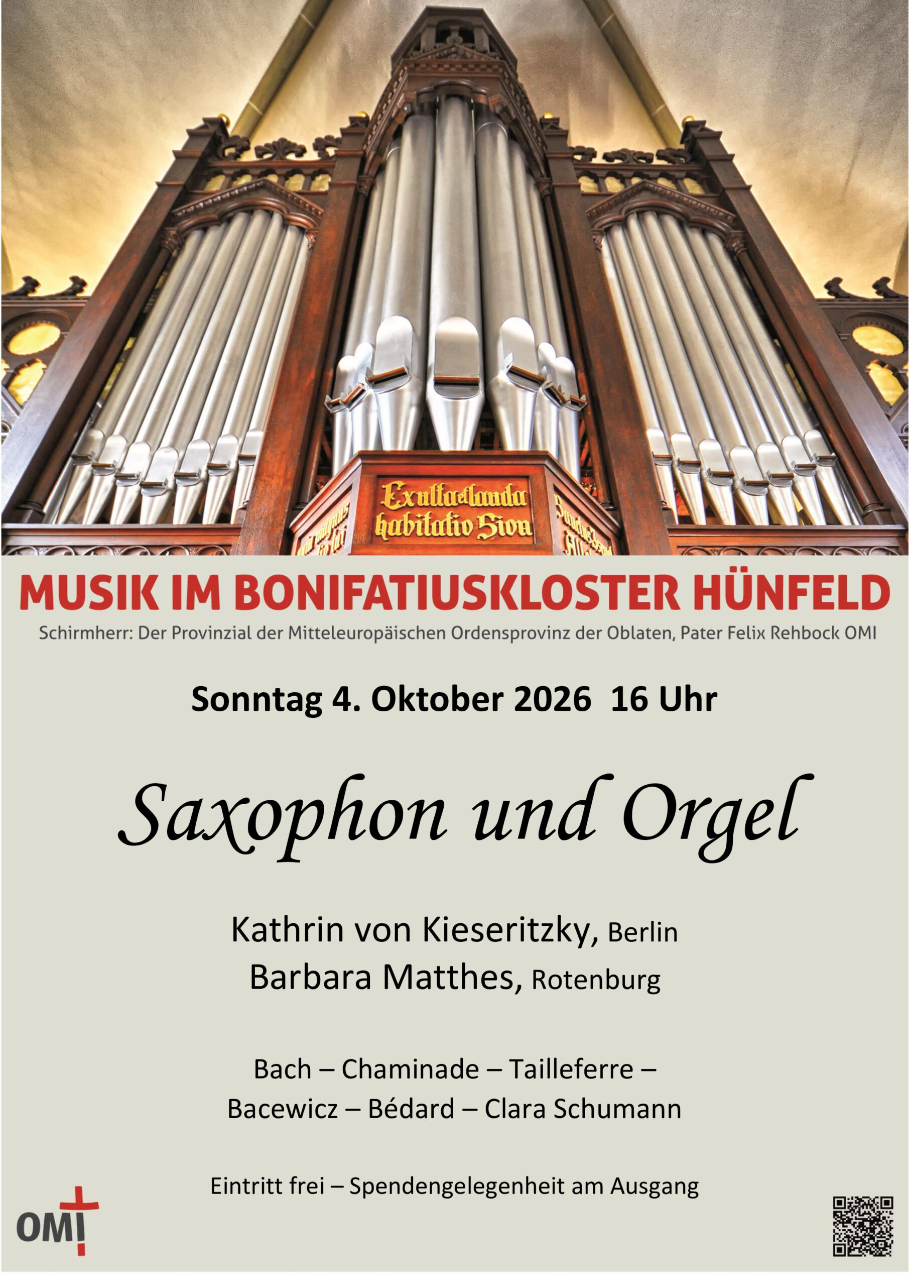 Plakat Musik im Bonifatiuskloster Hünfeld: Saxophon und Orgel am 4. Oktober 2026