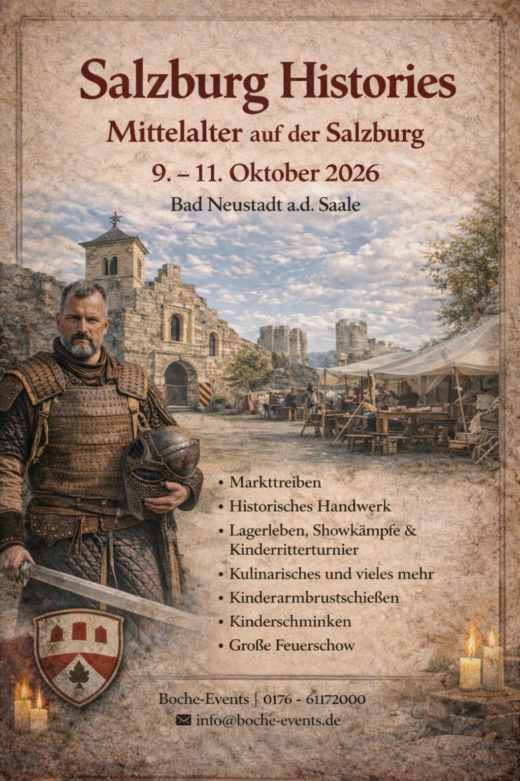 Plakat Salzburg Histories: Ritter mit Schwert vor mittelalterlichem Burgmarkt