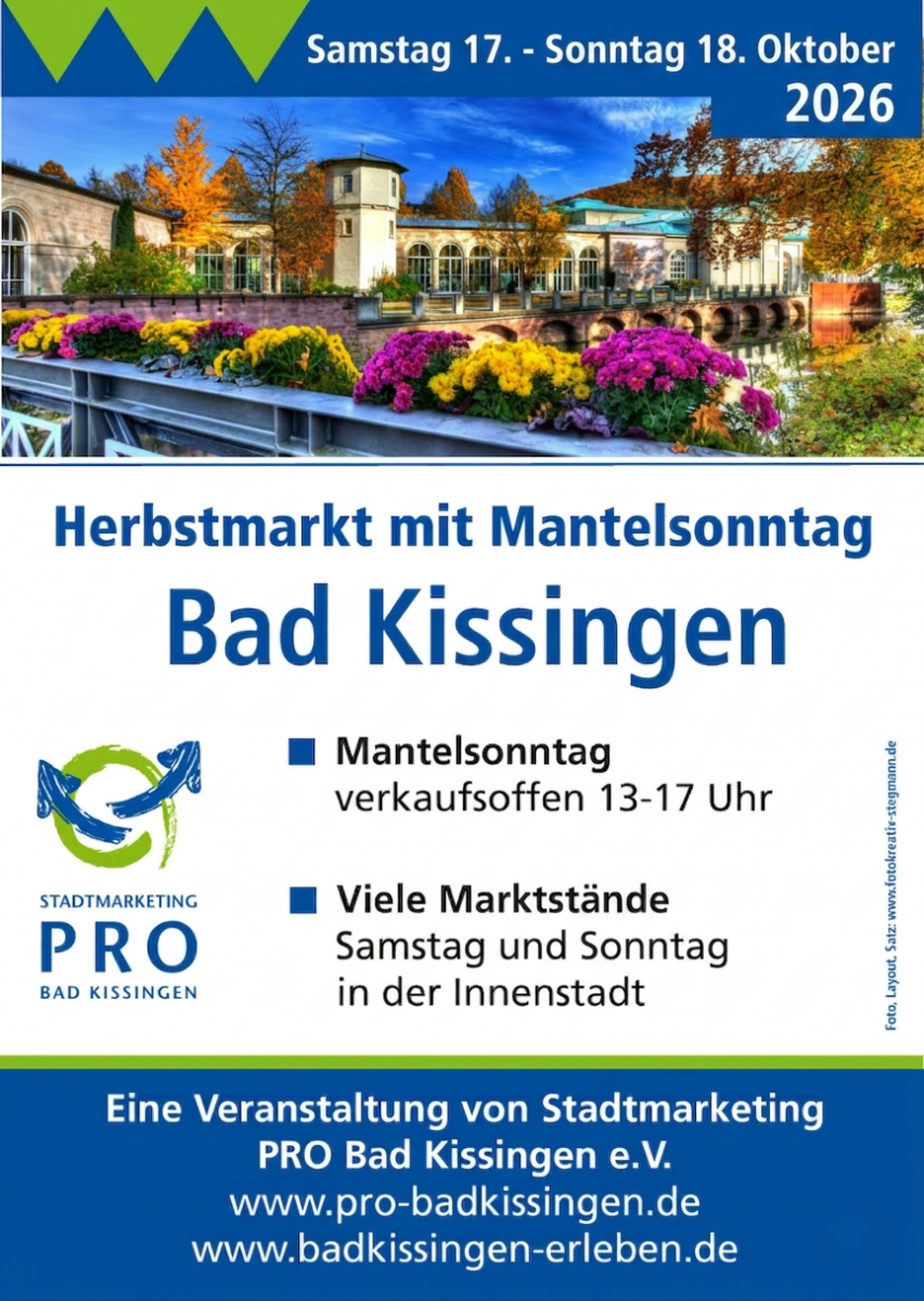 Plakat Herbstmarkt mit Mantelsonntag Bad Kissingen, 17. und 18. Oktober 2026