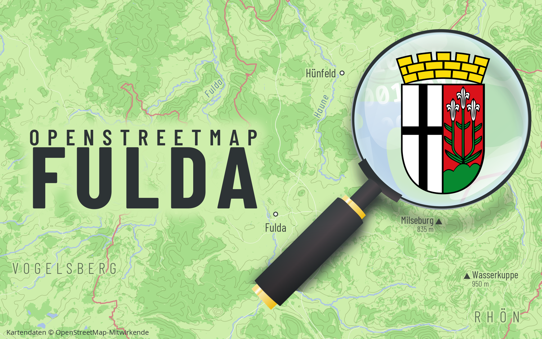 Grafik mit Kartenausschnitt, Schriftzug OpenStreetMap Fulda, Lupe und Fuldaer Stadtwappen