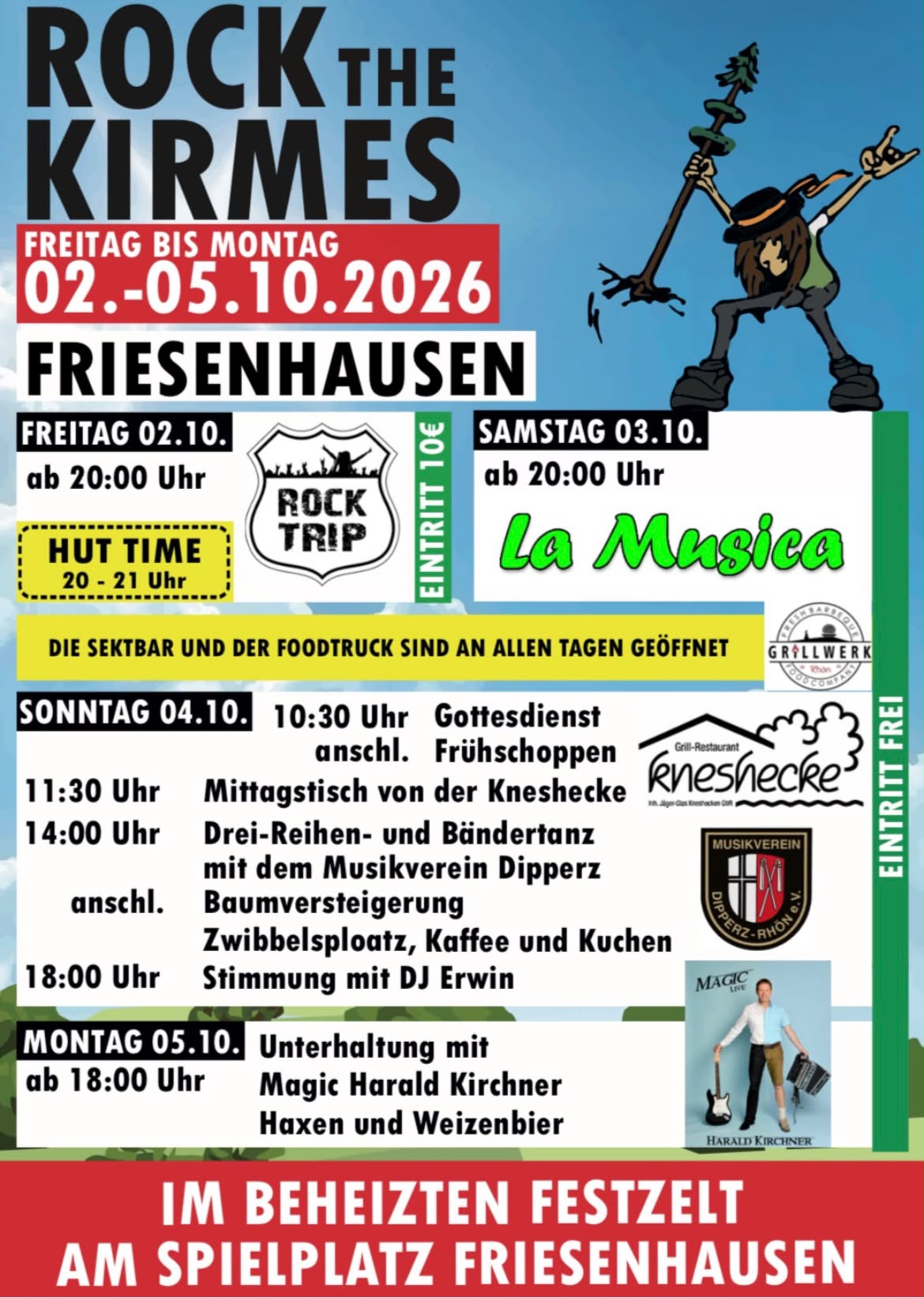 Flyer Rock the Kirmes Friesenhausen 2026 mit Programm von Freitag bis Montag und Comic-Figur mit Kirmesbaum