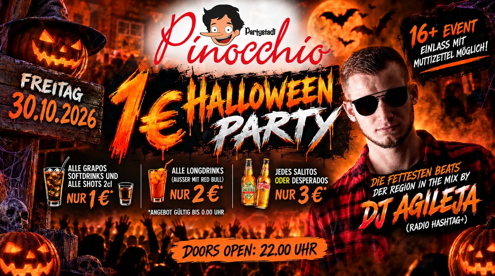 Flyer zur 1-€-Halloween-Party im Partystadl Pinocchio am 30.10.2026