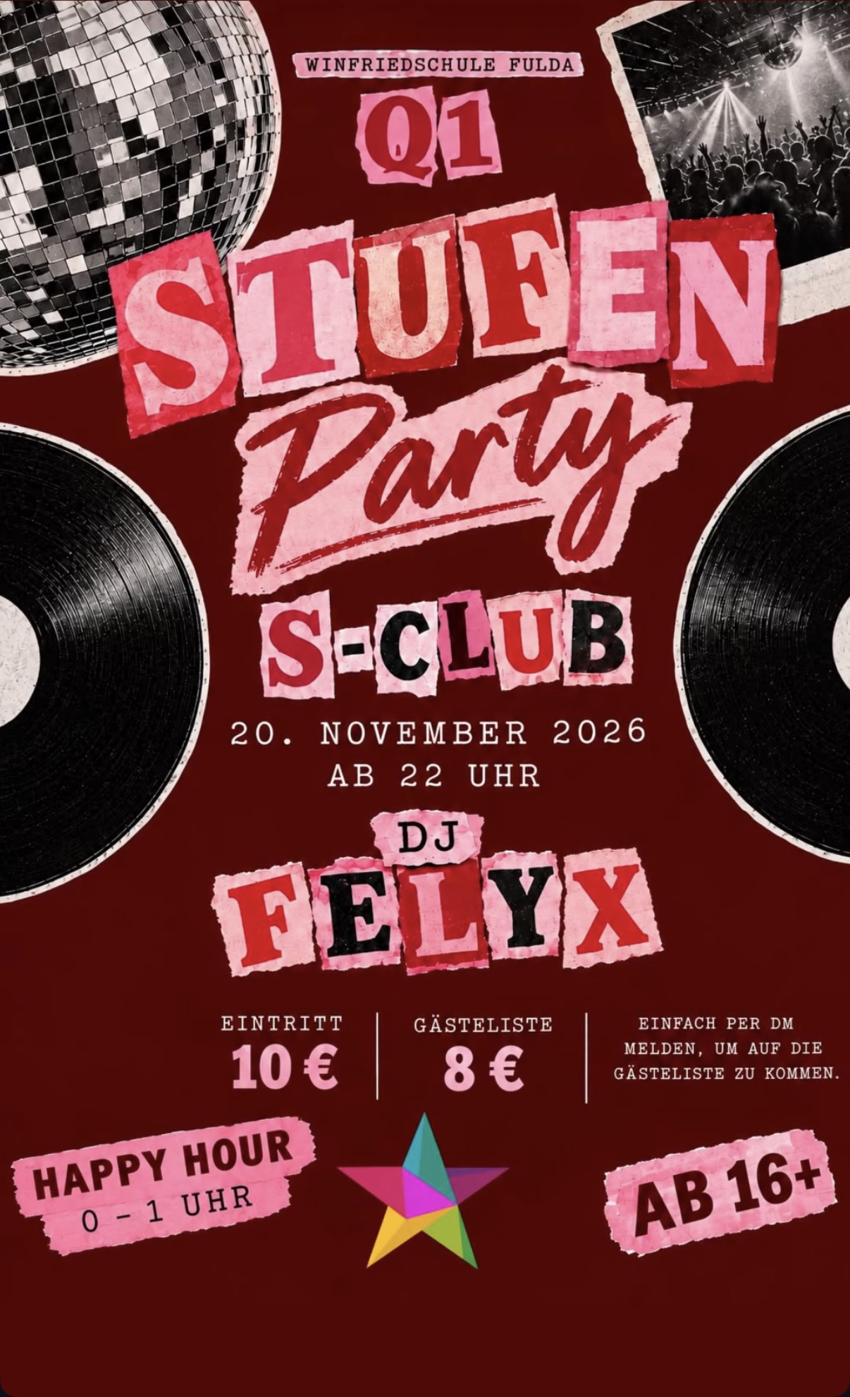 Flyer der Q1-Stufenparty der Winfriedschule Fulda im S-Club am 20. November 2026 ab 22 Uhr mit DJ Felyx, Eintritt 10 €, Gästeliste 8 €, Happy Hour 0–1 Uhr, ab 16 Jahren