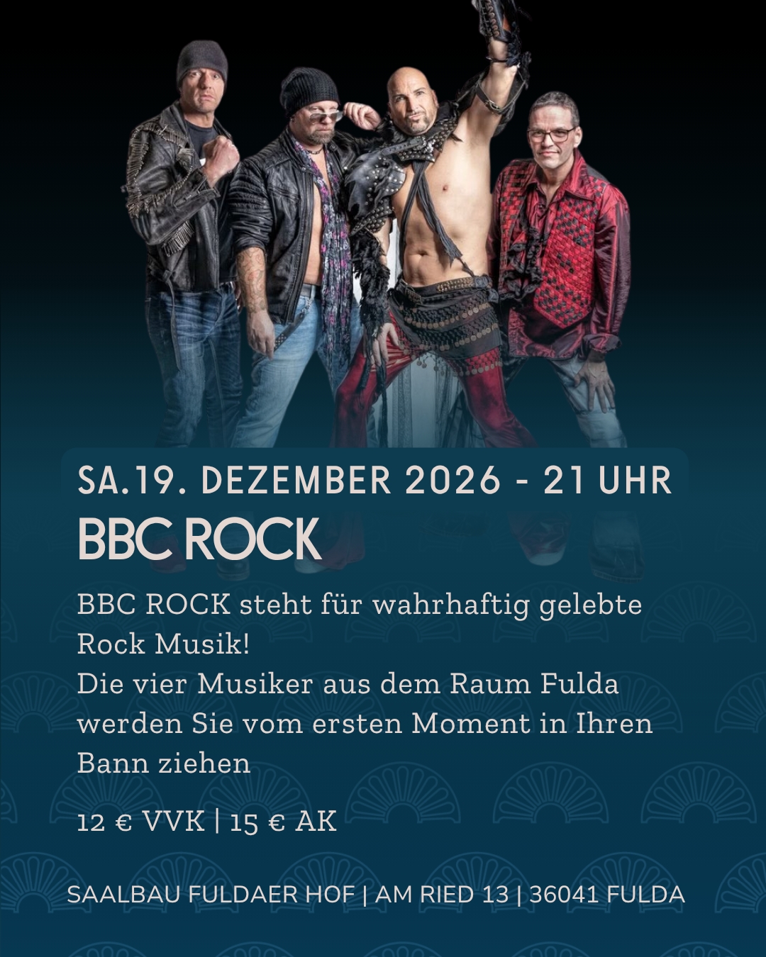 Flyer zum Live-Konzert von BBC Rock im Saalbau Fuldaer Hof am 19. Dezember 2026