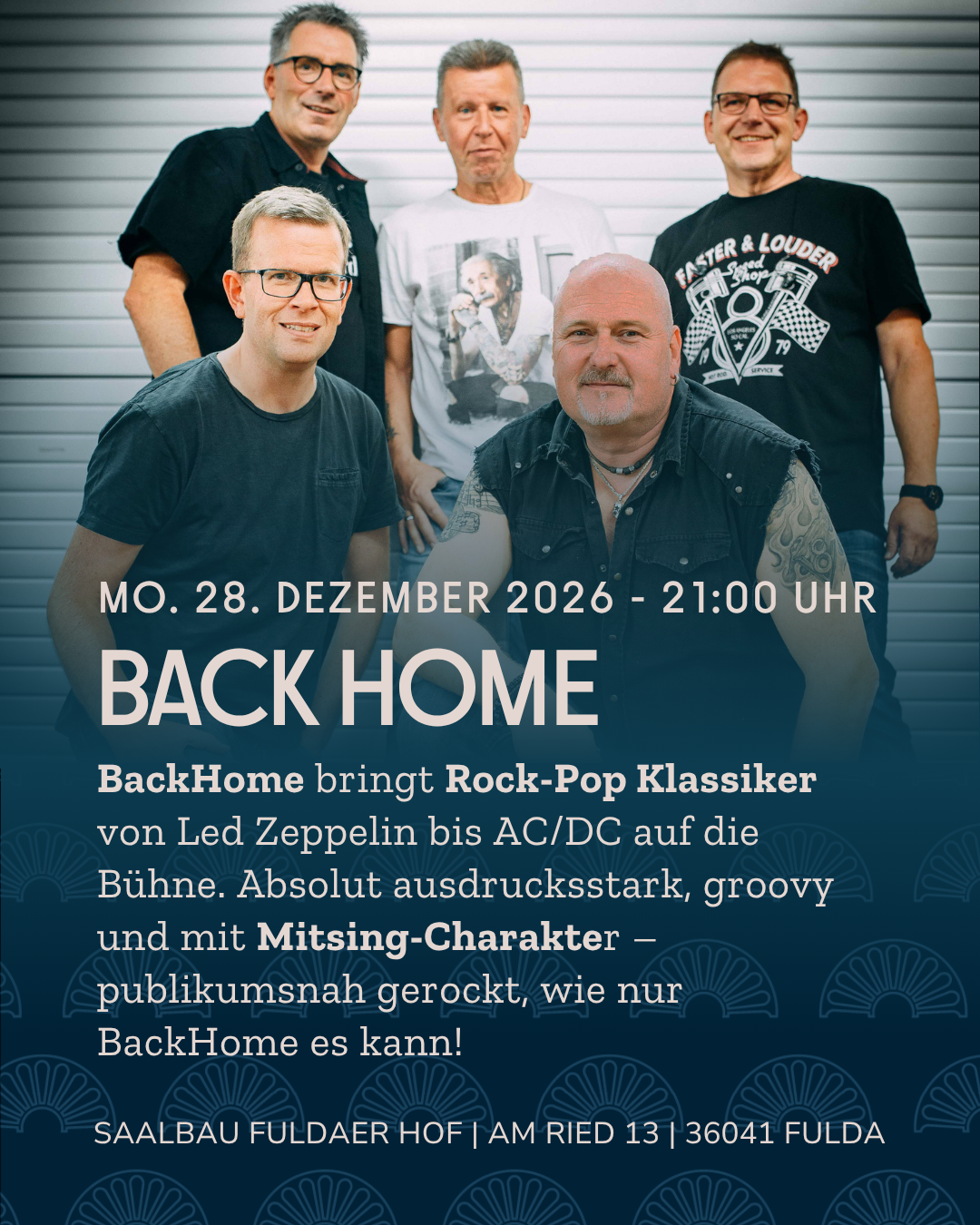 Flyer zum Live-Konzert von BackHome im Saalbau Fuldaer Hof am 28. Dezember 2026