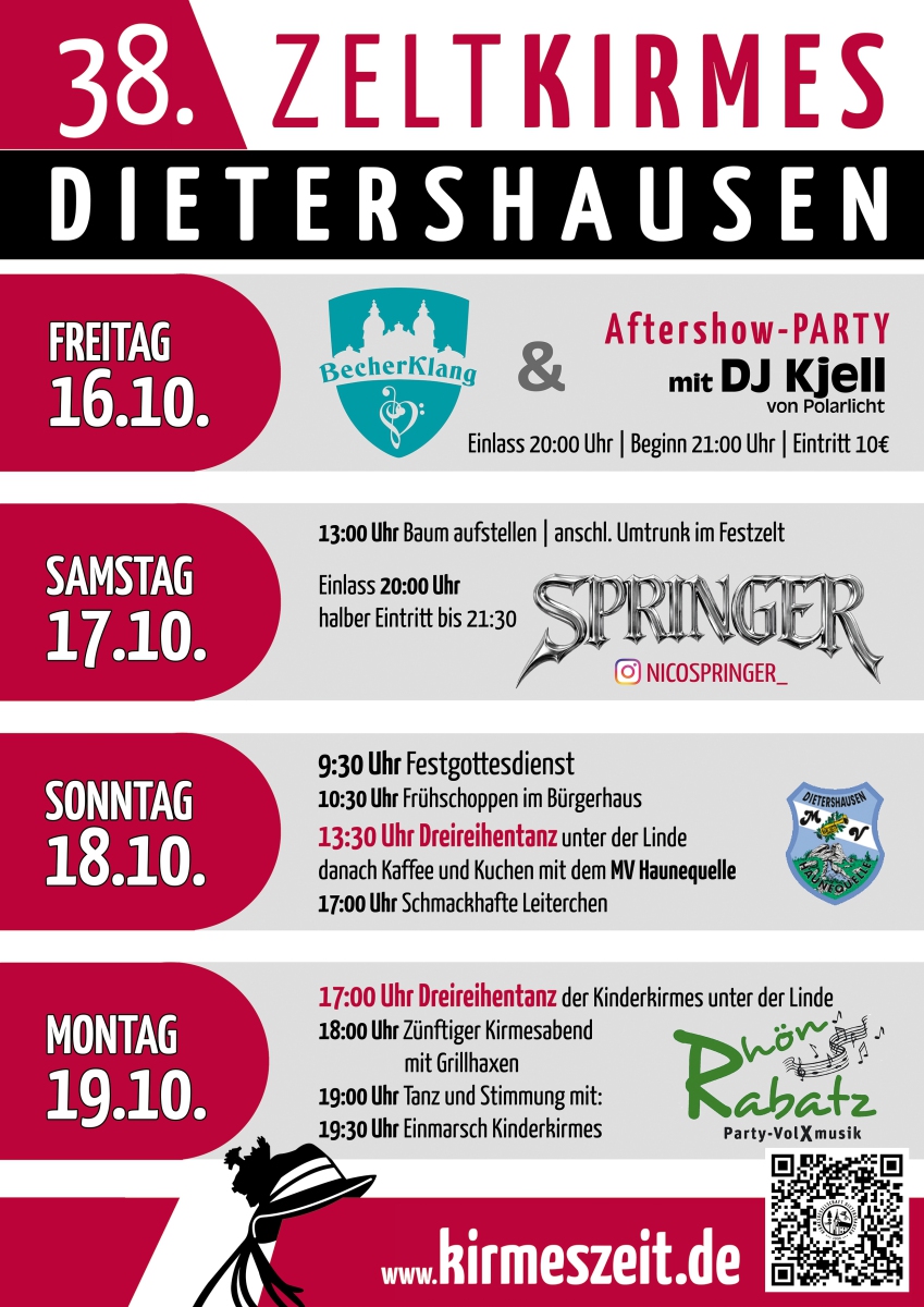 Programmplakat der 38. Zeltkirmes Dietershausen mit den Programmpunkten von Freitag, 16. Oktober, bis Montag, 19. Oktober