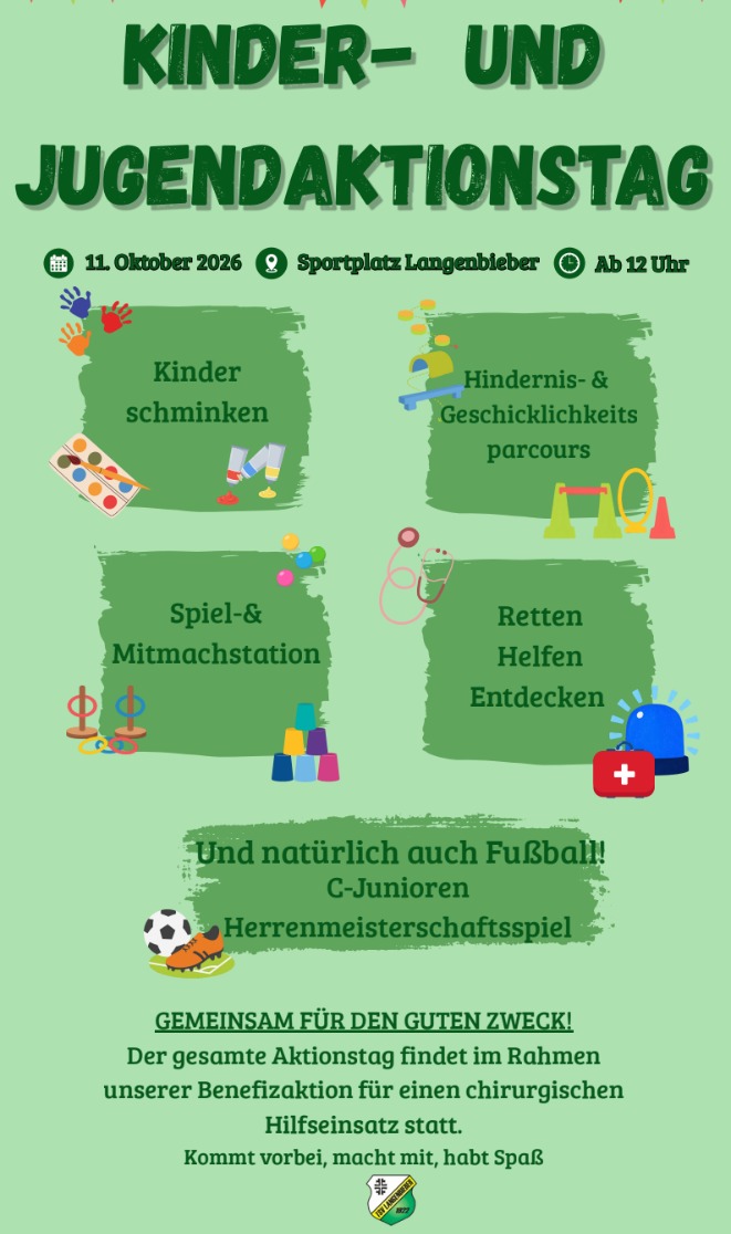 Grüner Flyer zum Kinder- und Jugendaktionstag am 11. Oktober 2026 auf dem Sportplatz Langenbieber ab 12 Uhr mit Kinderschminken, Parcours, Mitmachstationen und Retten, Helfen, Entdecken