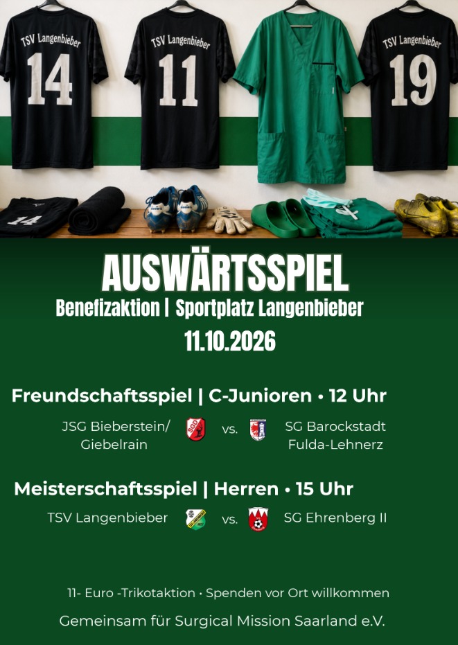 Flyer Auswärtsspiel des TSV Langenbieber am 11.10.2026: Trikots und OP-Kleidung in einer Kabine, darunter die Spiele der C-Junioren um 12 Uhr und der Herren um 15 Uhr