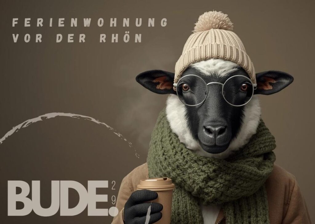 Logo der BUDE.29: Schaf mit Mütze, Brille und Schal, dazu der Schriftzug „Ferienwohnung vor der Rhön“
