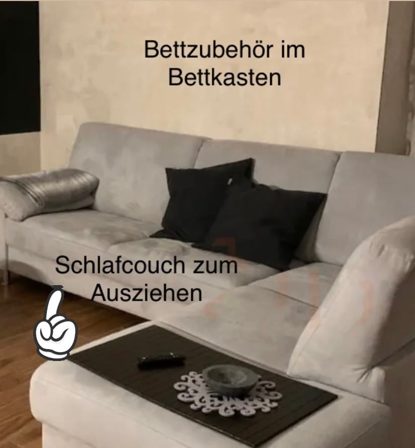 Ausziehbares Schlafsofa im Wohnzimmer der BUDE.29, das Bettzeug liegt im Bettkasten