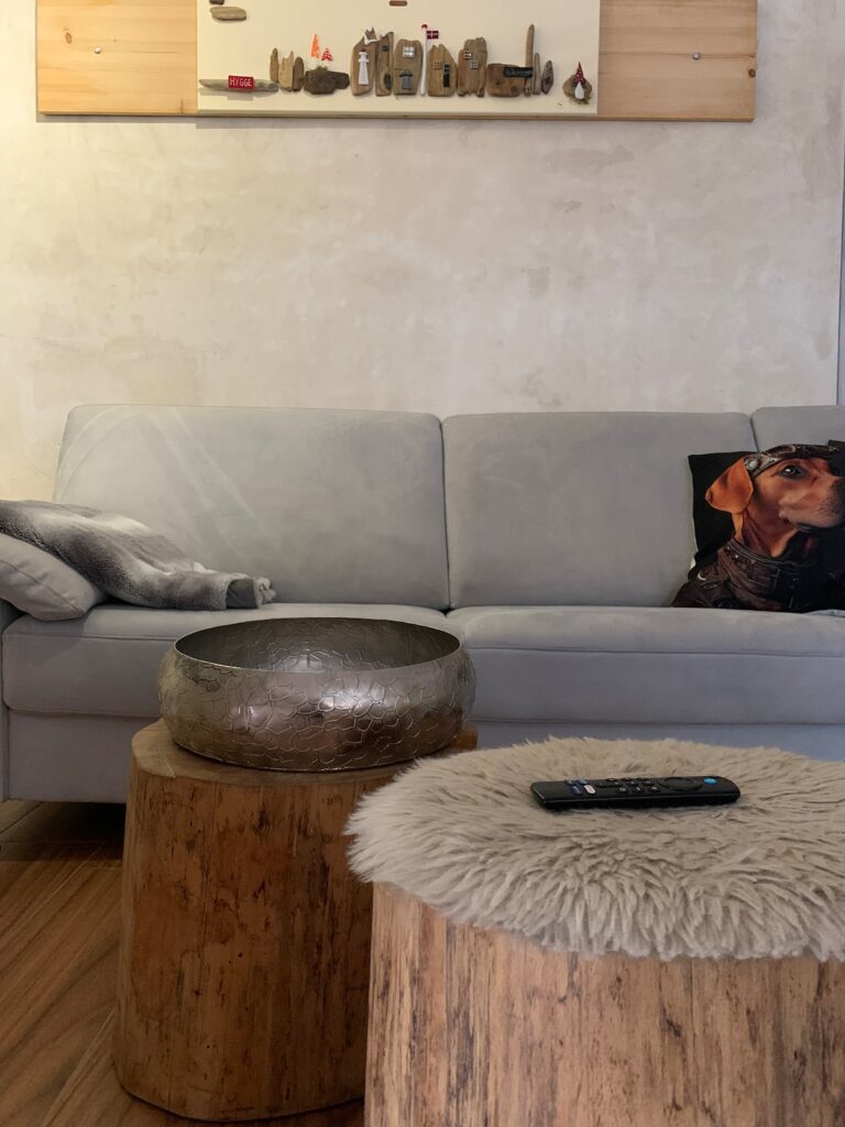 Graues Sofa mit Couchtischen aus Baumstämmen im Wohnzimmer der BUDE.29