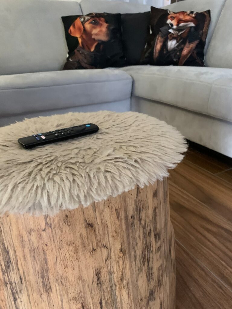 Baumstamm-Tisch mit Fell und Sofakissen im Wohnzimmer der BUDE.29