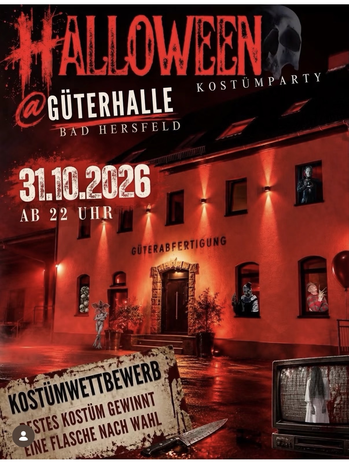 Flyer zur Halloween-Kostümparty: Güterhalle Bad Hersfeld in rotem Licht mit Horrorfiguren in den Fenstern
