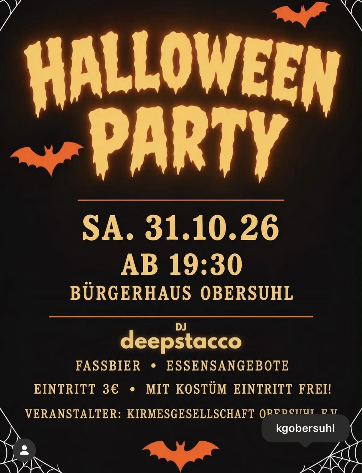 Flyer zur Halloween-Party im Bürgerhaus Obersuhl am 31.10.2026 mit Fledermäusen und Spinnweben