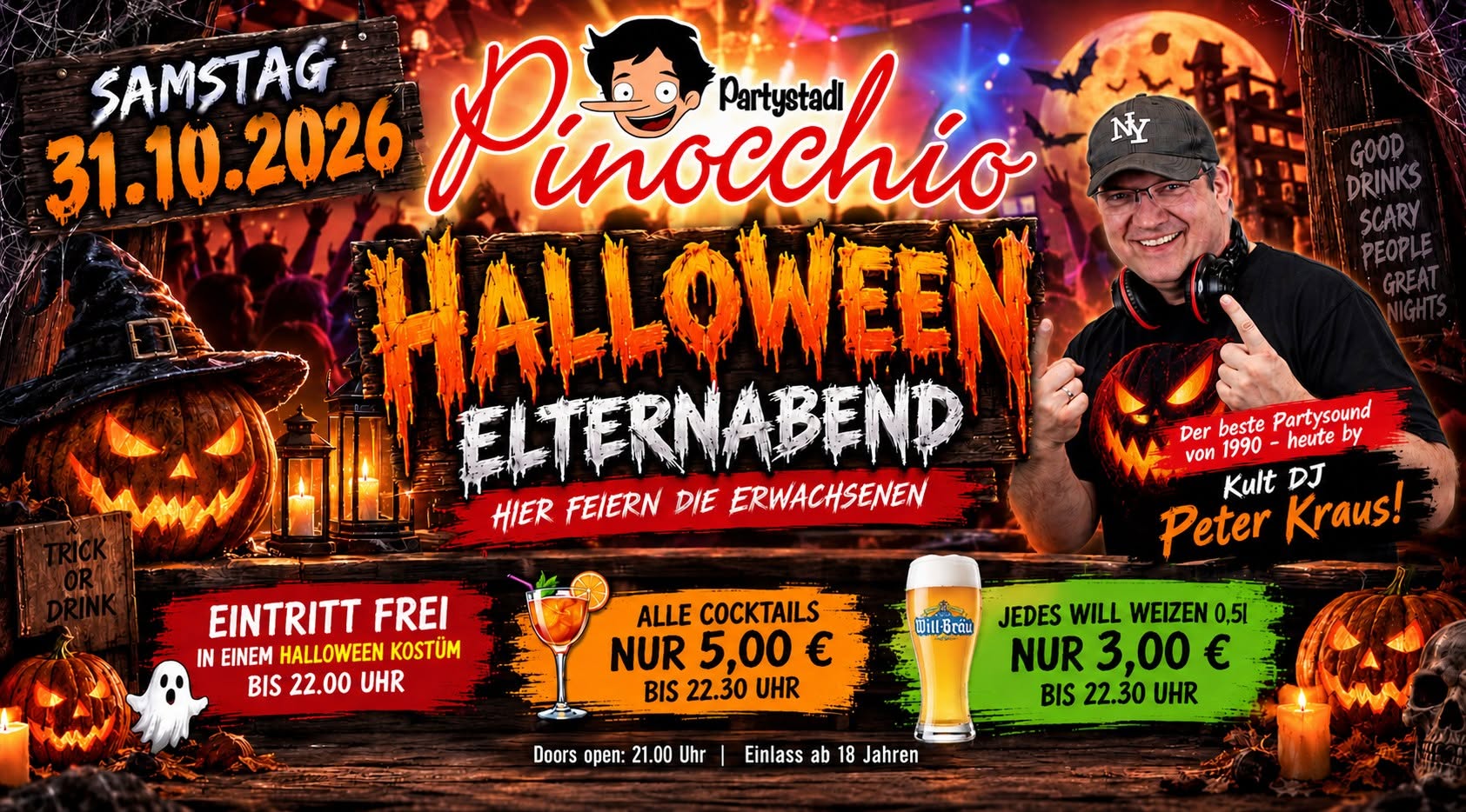 Flyer zur Halloween-Party im Partystadl Pinocchio am 31.10.2026