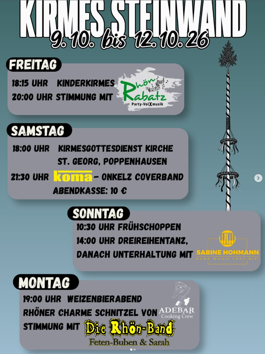 Plakat der Kirmes Steinwand vom 9. bis 12. Oktober 2026 mit dem Programm von Freitag bis Montag und einem gezeichneten Kirmesbaum