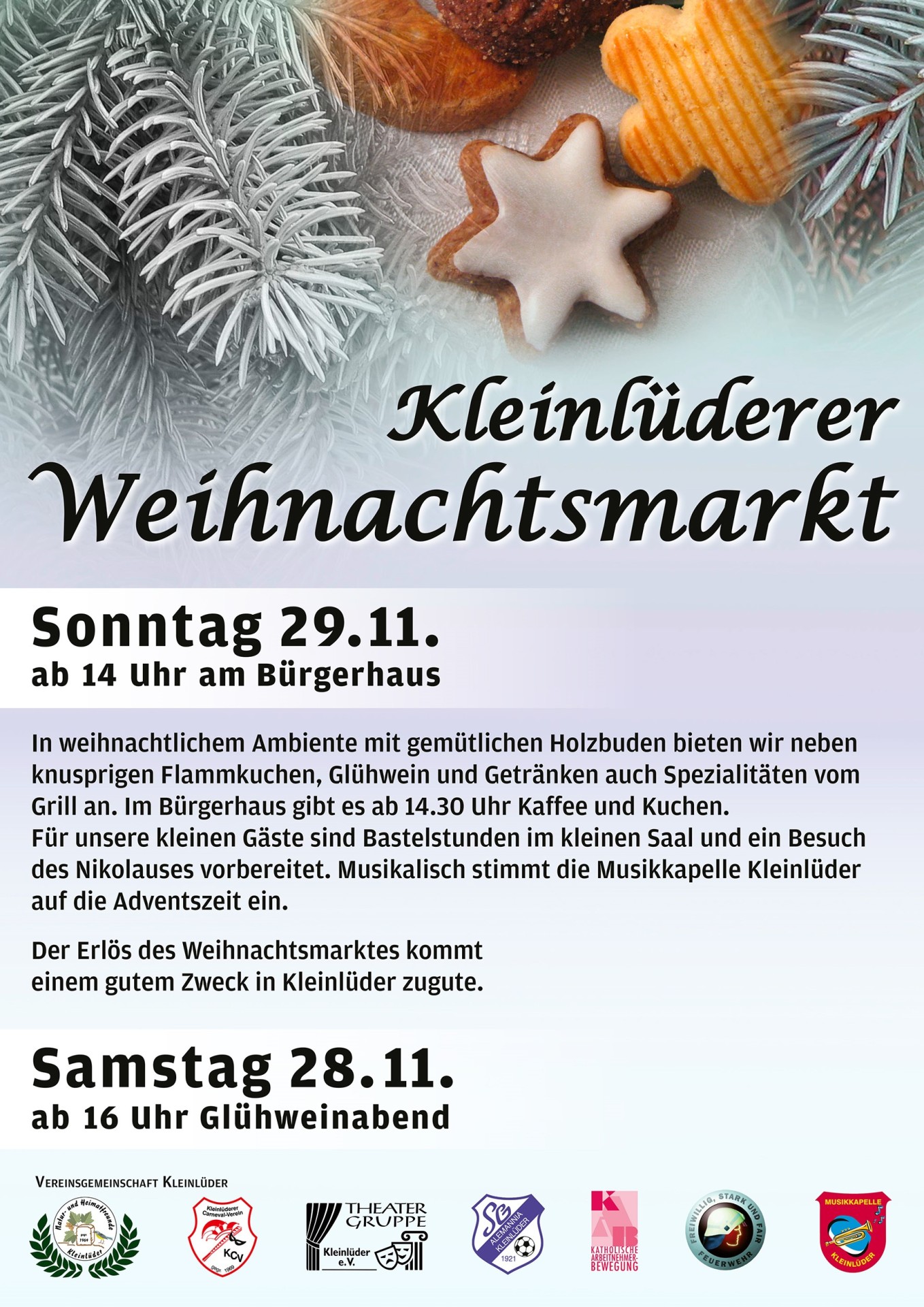 Plakat Kleinlüderer Weihnachtsmarkt mit Zimtstern, Gebäck und Tannenzweigen, Termine Sonntag 29.11. und Samstag 28.11.