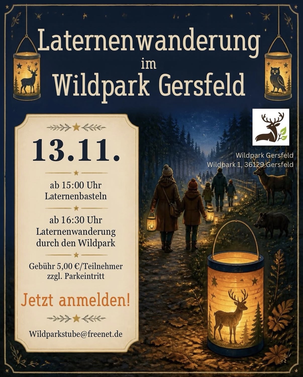 Flyer zur Laternenwanderung im Wildpark Gersfeld am 13.11.: Familien mit Laternen auf einem Waldweg bei Nacht, daneben Hirsch und Wildschwein, links Programm mit Laternenbasteln ab 15 Uhr und Wanderung ab 16:30 Uhr