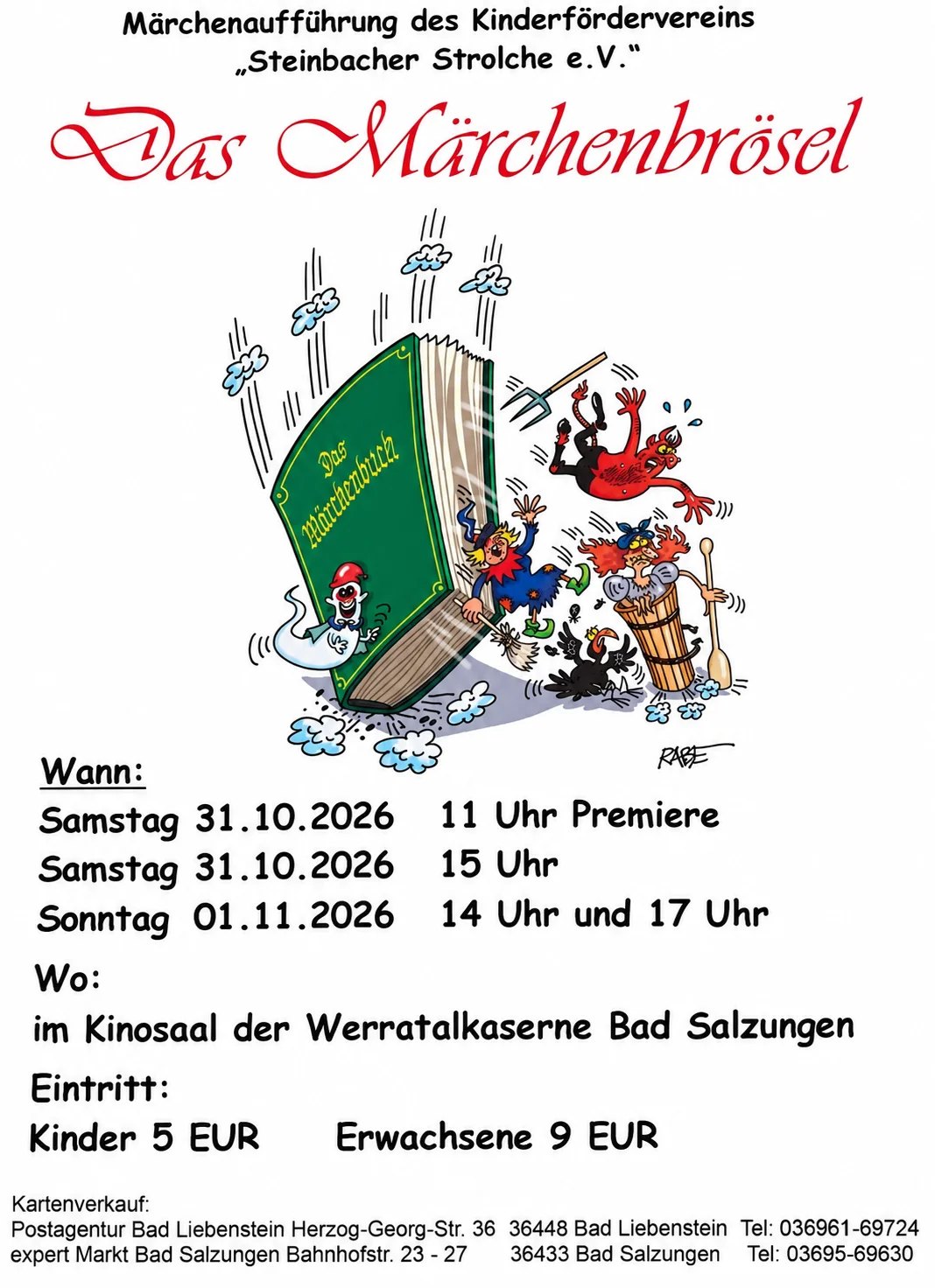 Plakat zur Märchenaufführung „Das Märchenbrösel“ der Steinbacher Strolche mit gezeichnetem Märchenbuch und Märchenfiguren