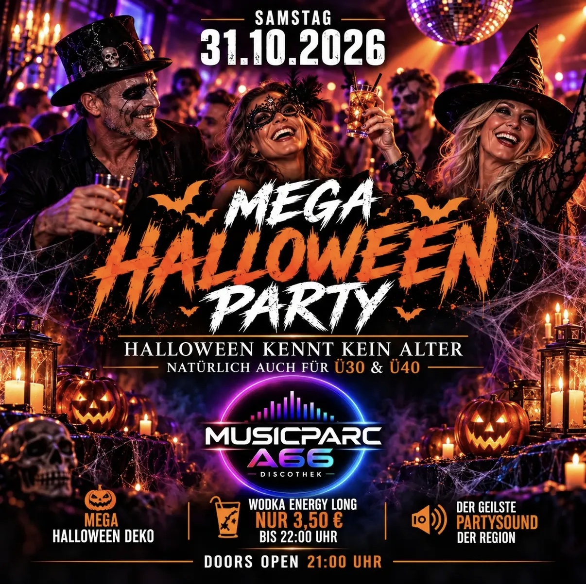 Flyer der Mega Halloween Party im Musicparc A66 am 31.10.2026: feiernde Gäste mit Hexenhut und Zylinder, Kürbisse, Kerzen und Fledermäuse, Hinweise auf Ü30 & Ü40, Einlass 21 Uhr