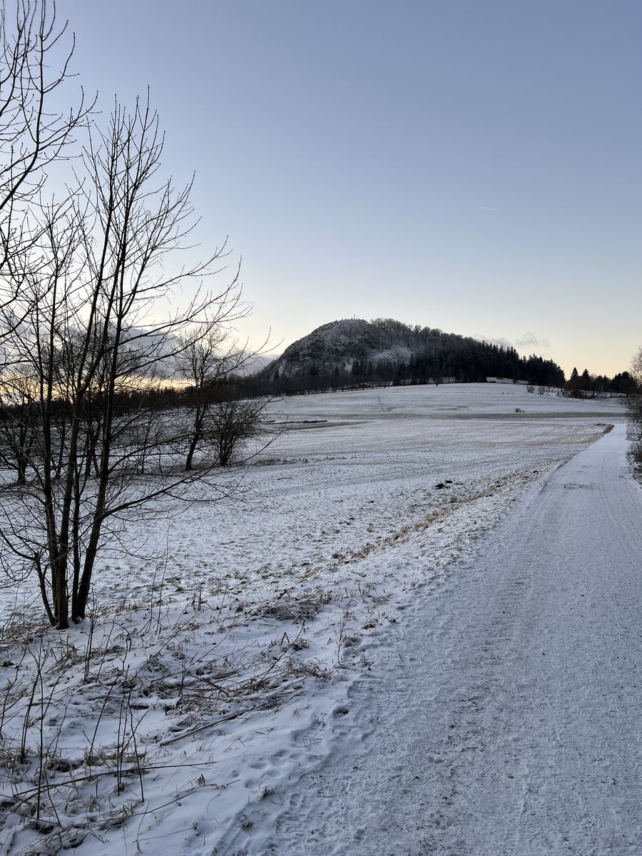 Verschneiter Weg bei Danzwiesen, im Hintergrund die Silhouette der Milseburg im letzten Abendlicht.
