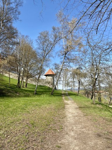 Wiesenweg zu einem kleinen Rundturm mit rotem Dach bei Geisa