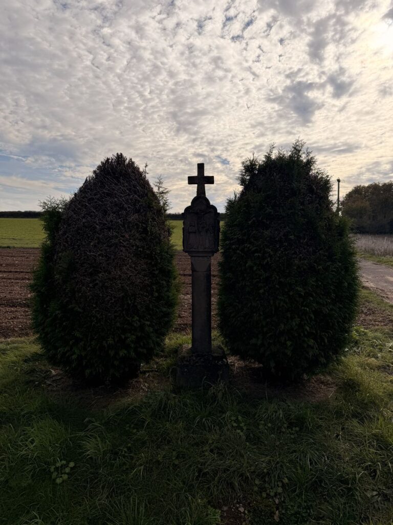 Altes Feldkreuz zwischen zwei Bäumen am Feldrand zwischen Bad Kissingen und Ramsthal