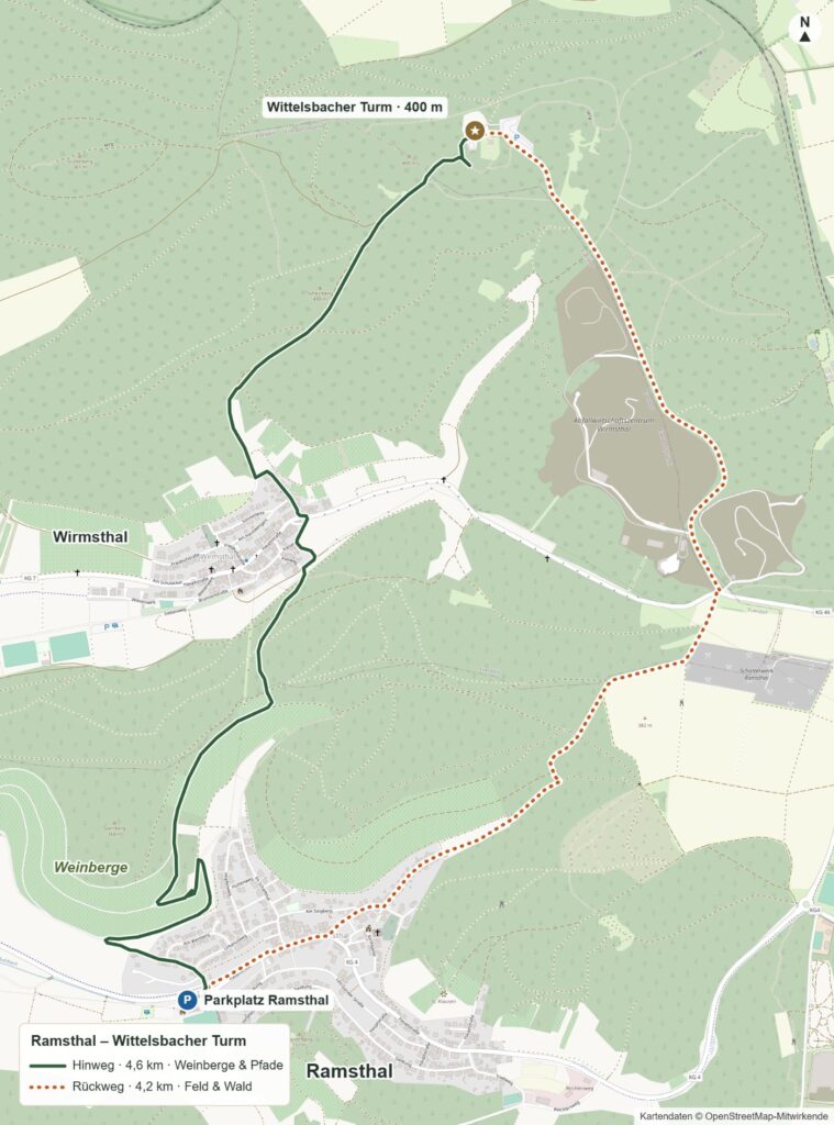 Karte der Wanderung von Ramsthal zum Wittelsbacher Turm mit Hinweg durch die Weinberge und Rückweg über Feld und Wald