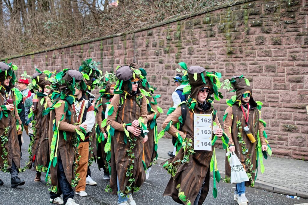 Fußgruppe in braun-grünen Baumkostümen mit Blättern und Zugnummern vor einer Sandsteinmauer beim Rosenmontagszug in Fulda
