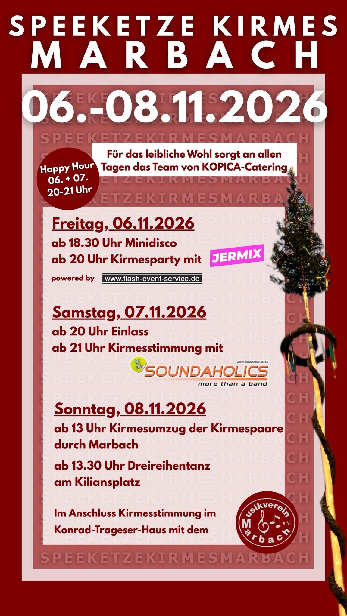 Flyer der Speeketze-Kirmes Marbach vom 6. bis 8. November 2026 mit Programm für Freitag, Samstag und Sonntag, daneben ein geschmückter Kirmesbaum