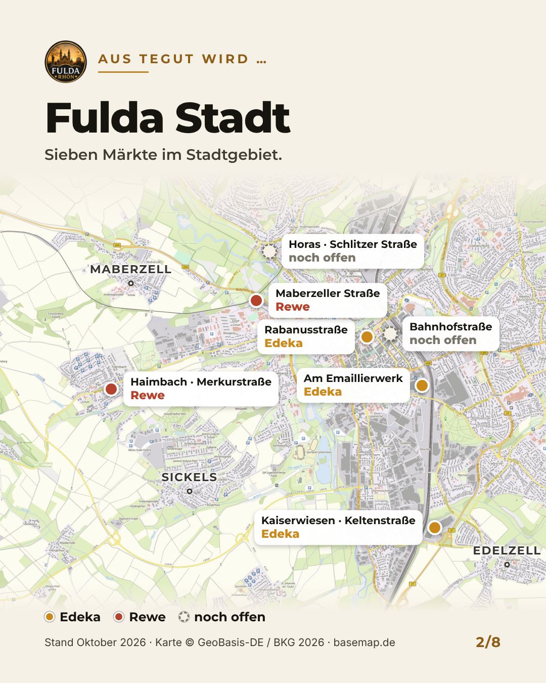 Karte der sieben tegut-Märkte im Stadtgebiet Fulda mit künftigem Betreiber: Edeka, Rewe oder noch offen