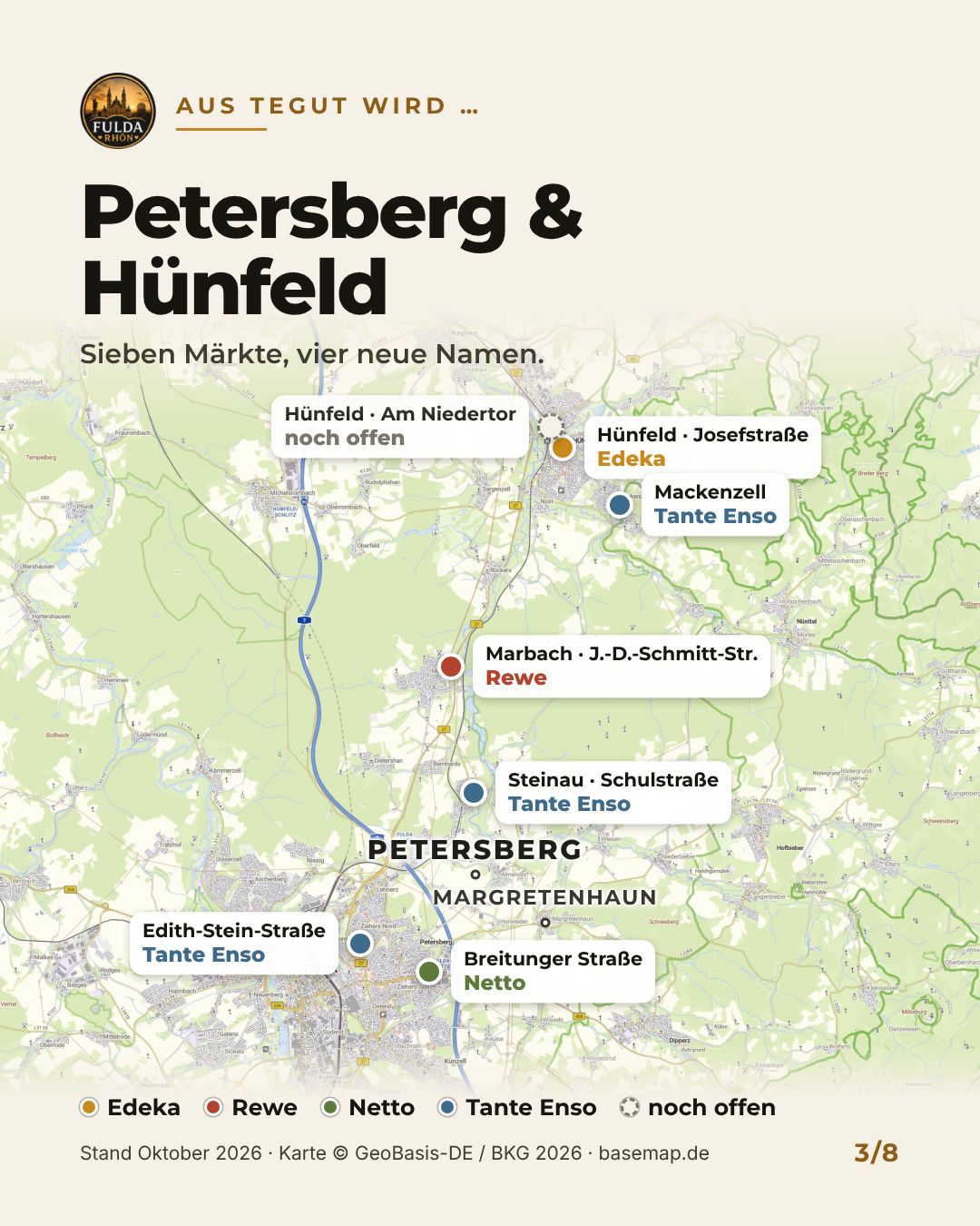 Karte der tegut-Märkte in Petersberg und Hünfeld mit künftigem Betreiber