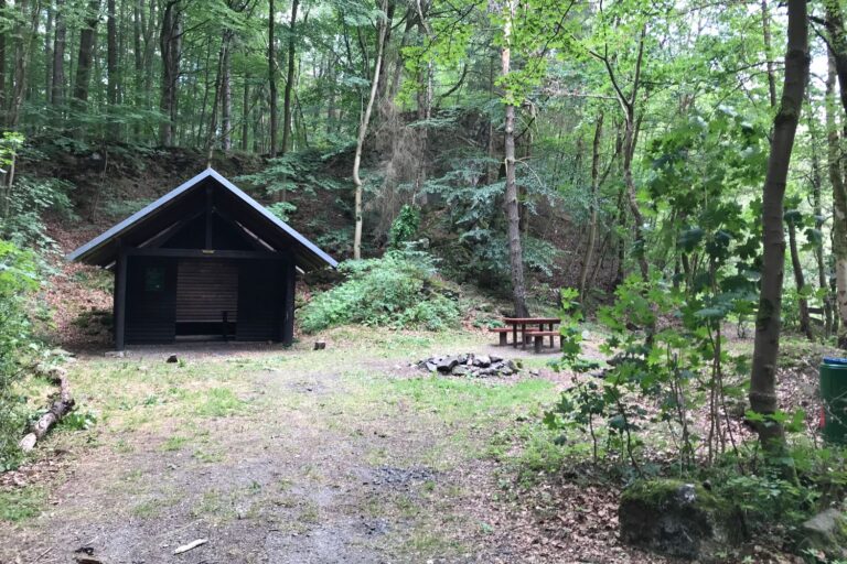 Schutzhütte mit Feuerstelle und Sitzgruppe im Wald am Ulmenstein