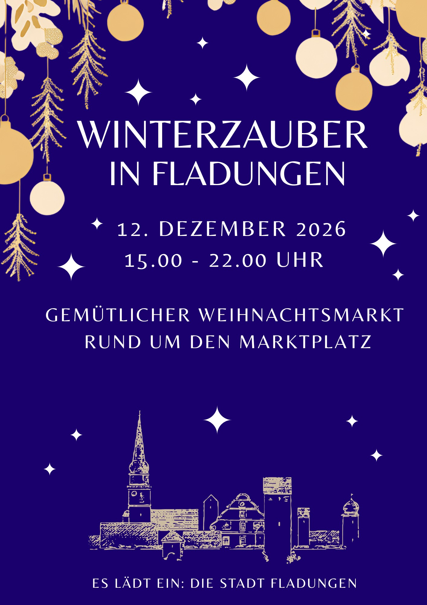 Plakat Winterzauber in Fladungen, 12. Dezember 2026, 15 bis 22 Uhr, mit goldenen Christbaumkugeln auf dunkelblauem Grund